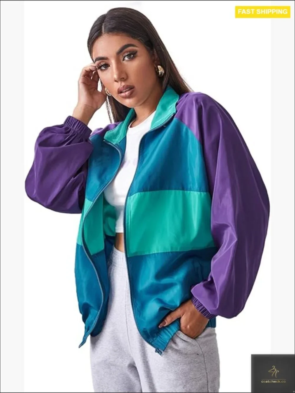 Lightweight Windbreaker Patchwork Sport Jacket Casual Loose Fit Zipper Outerwear